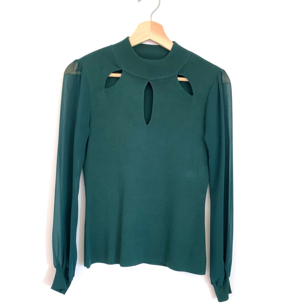 INC International Concepts Women's Cutout Sheer-Sleeve Emerald Green Sweater Top